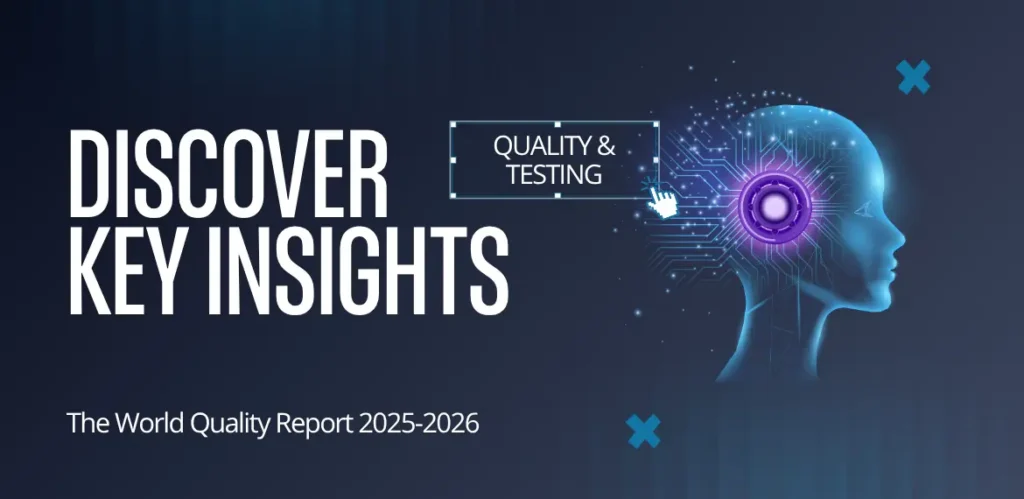 Graphic with the heading "Discover Key Insights", featuring a robot head facing right toward a cursor clicking a "Quality & Testing" button.