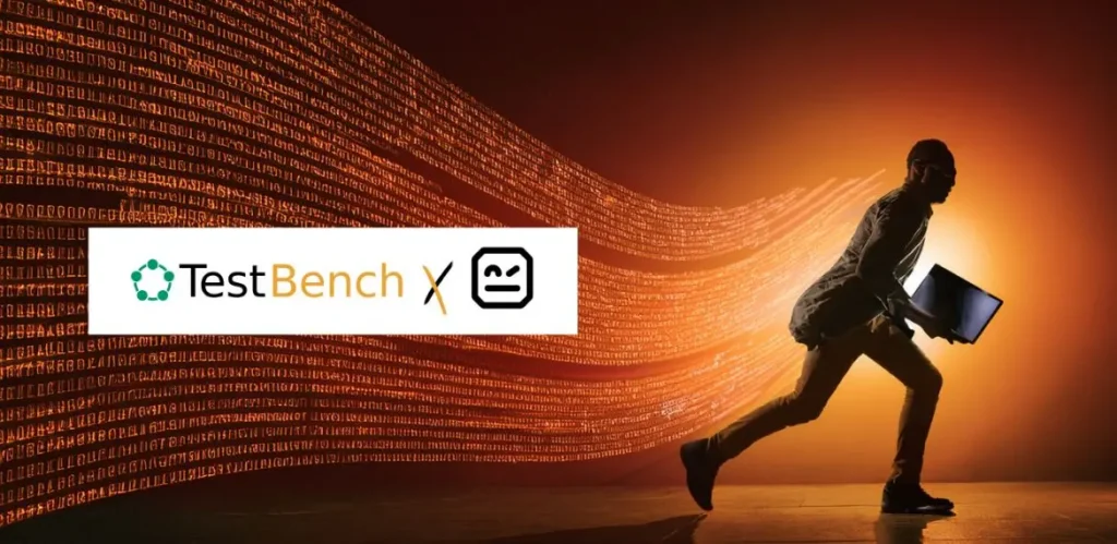 wave of text with a man running with a laptop the testbench and robot frameworks logo feature