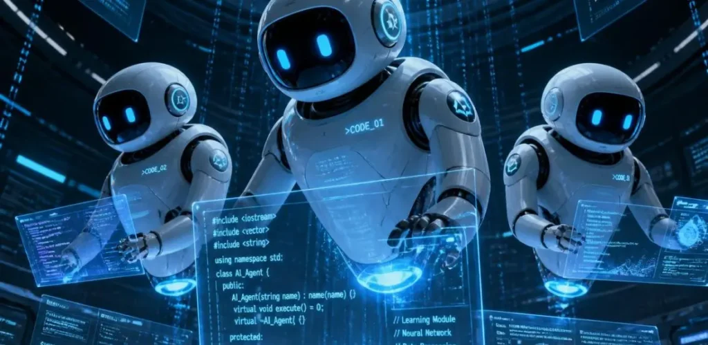 blue robots posing as AI code agents with holographic screens with code on them