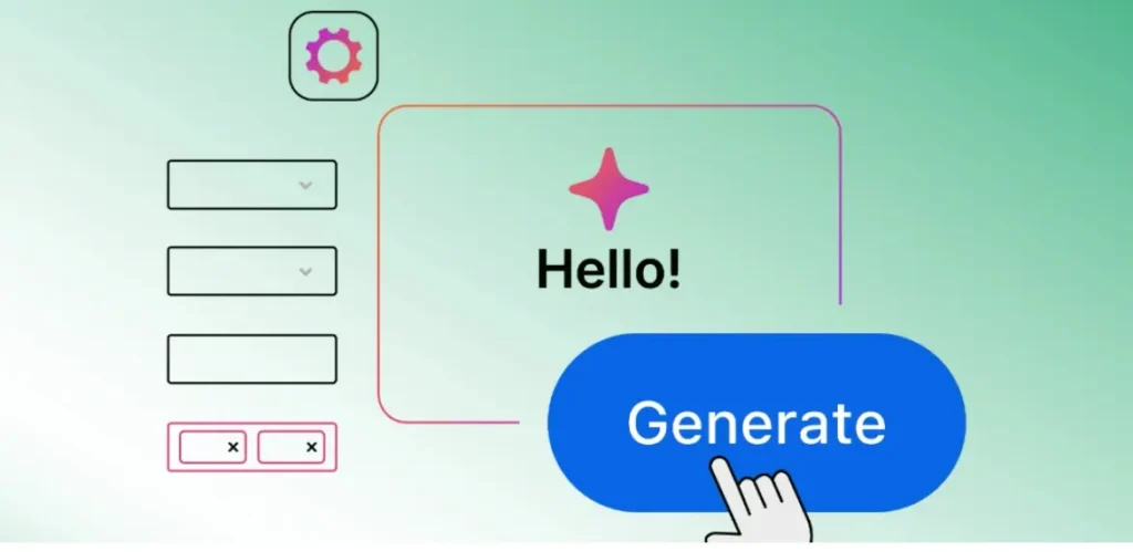 hello text and a generatw button with a cursor hand clicking the button
